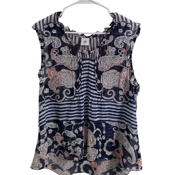 CAbi Tops - CAbi Blue Tan Sleeveless Pleated Ruffled Blouse